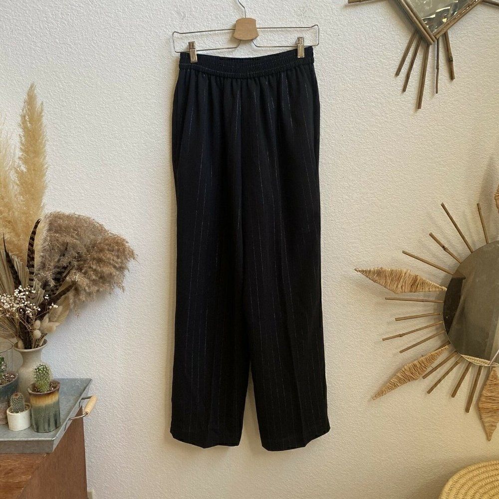 Leslie Fay Vintage Wide Leg Black & Silver Pinstripe Pull On Pants size 8
